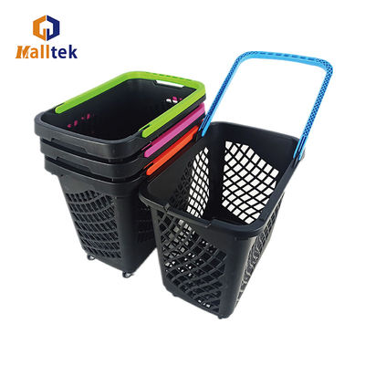 Large Capacity Supermarket Handle Plastic Shopping Baskets With 4 Wheels In Black